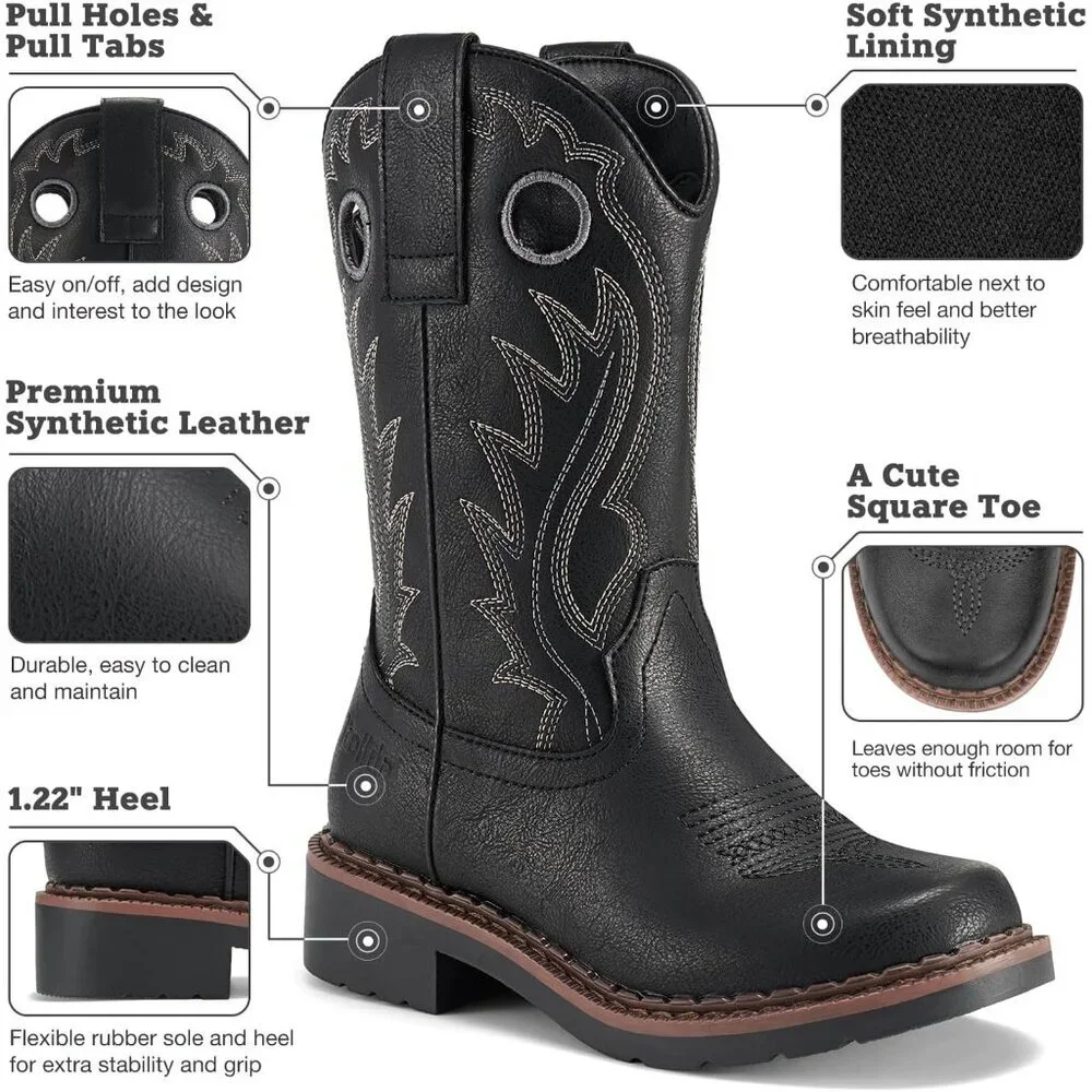 ⚡Kids Girls Black Western Boots Square Toe Cowgirl Boots For Toddler